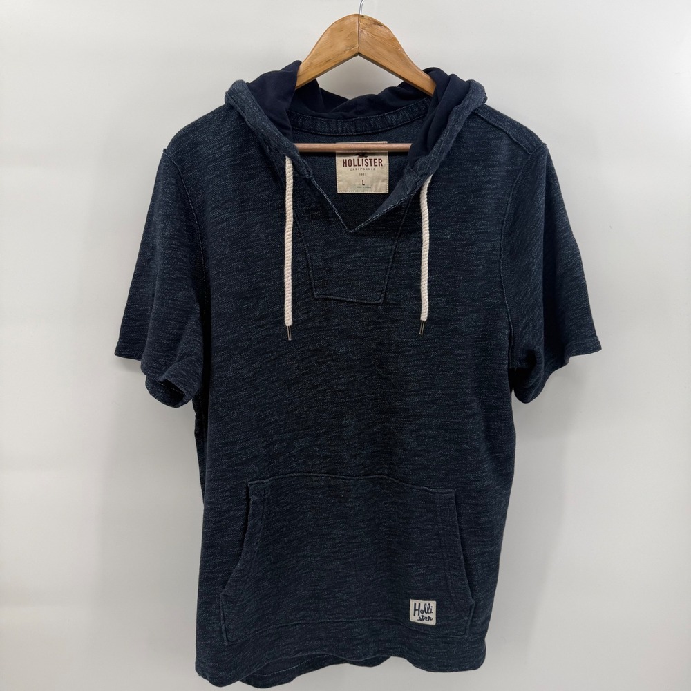 Hollister Mens Short Sleeve Hoodie Navy Blue Marled Knit Pullover Large